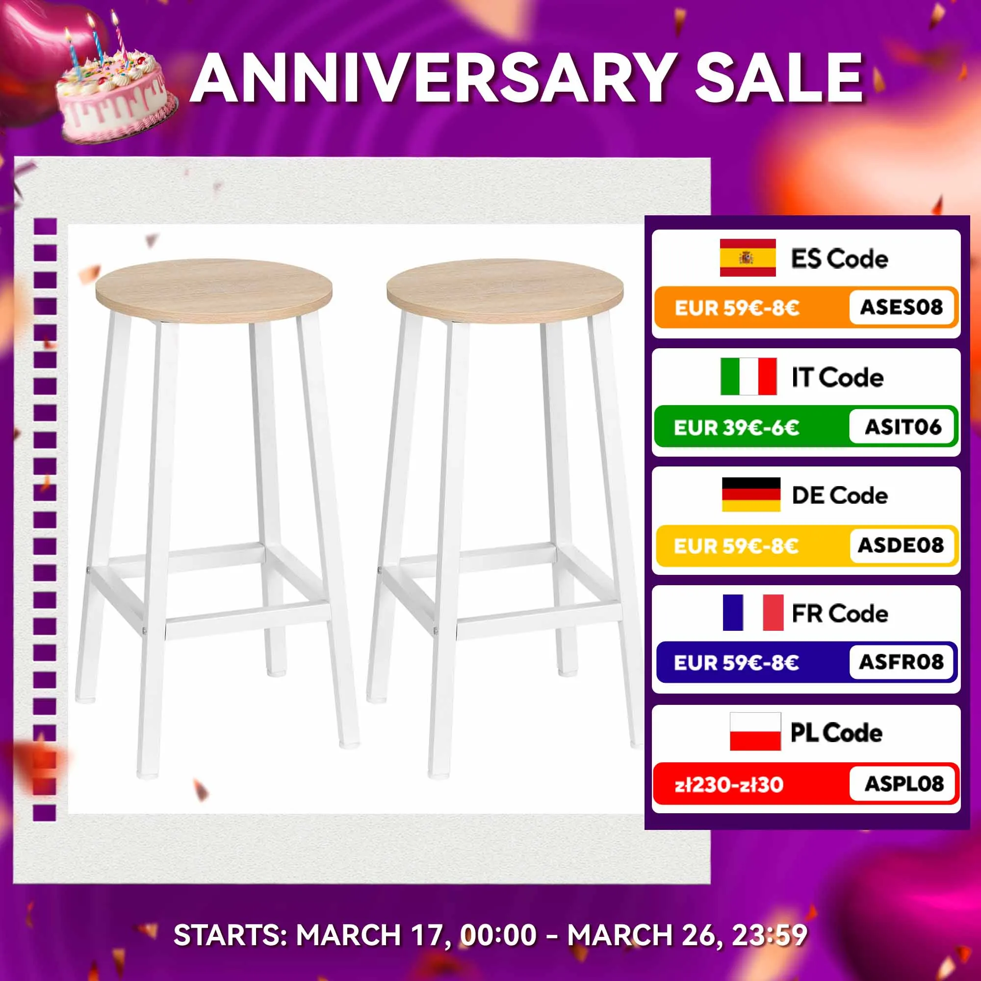 HOMCOM Juego de 2 Taburetes Altos de Cocina Taburetes de Bar con Patas de Acero y Reposapiés para Salón Comedor Bar Carga 75 kg 32,5x32,5x65 cm Natural y Blanco