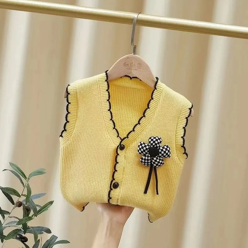 Cárdigan de punto a la moda con cuello en V para niñas, chaleco tejido para bebés, suéter sin mangas de un solo pecho para primavera y otoño - imagen 3