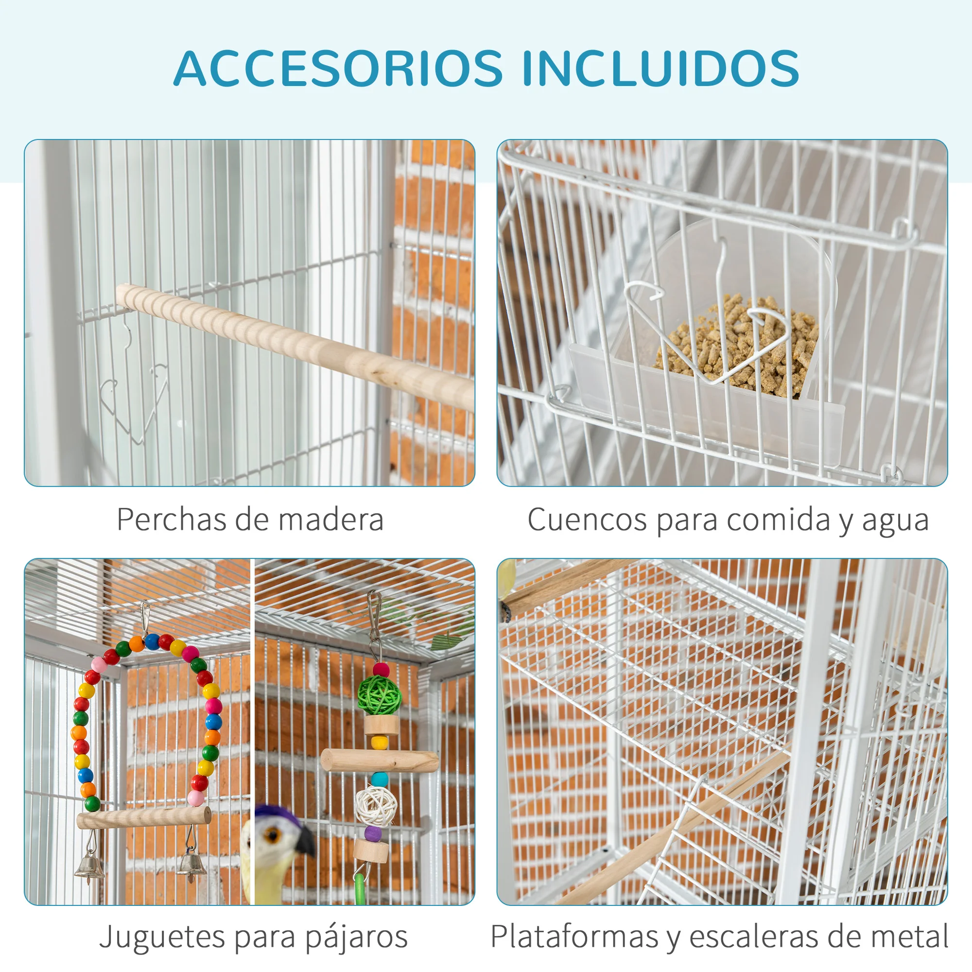PawHut Jaula para Pájaros con Ruedas 83x53x180 cm Pajarera Metálica de 3 Niveles con 3 Perchas Comederos Juguetes Rampas y Estante de Almacenamiento para Canarios Periquitos Blanco - imagen 5