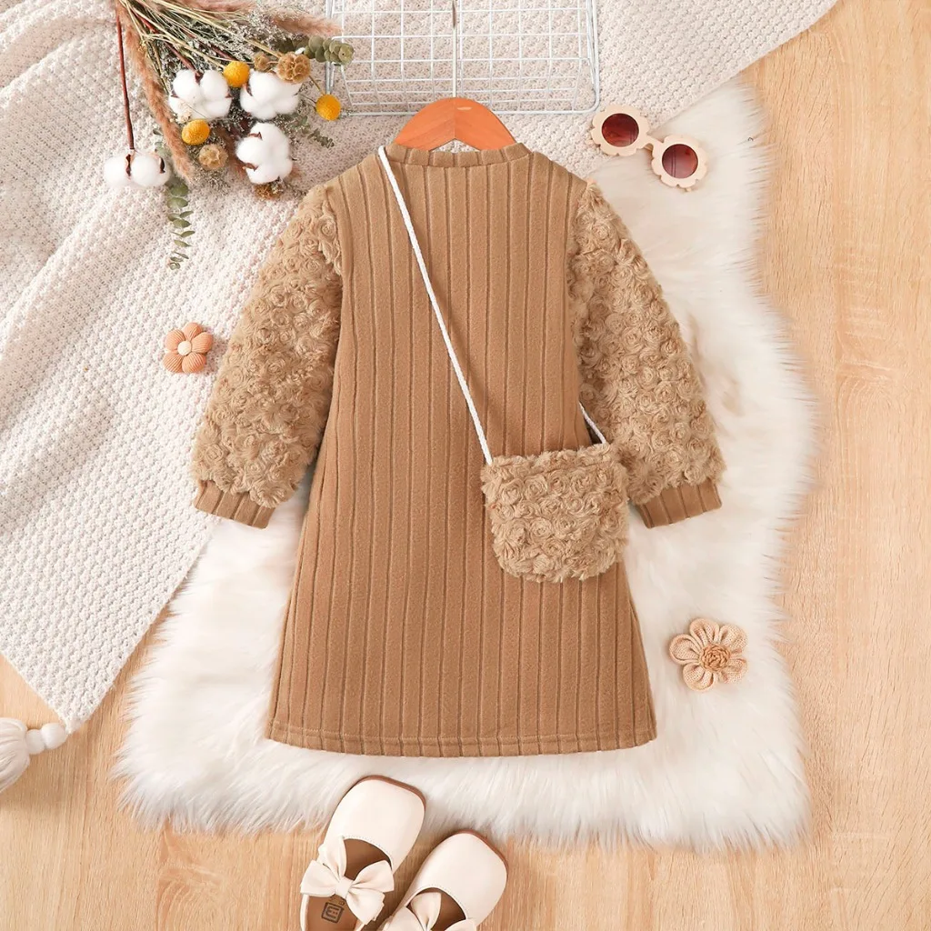 Vestidos marrones de manga larga para niñas, bonito diseño de mangas de felpa + bolso cruzado, traje para niñas de 4 a 7 años, otoño e invierno - imagen 5