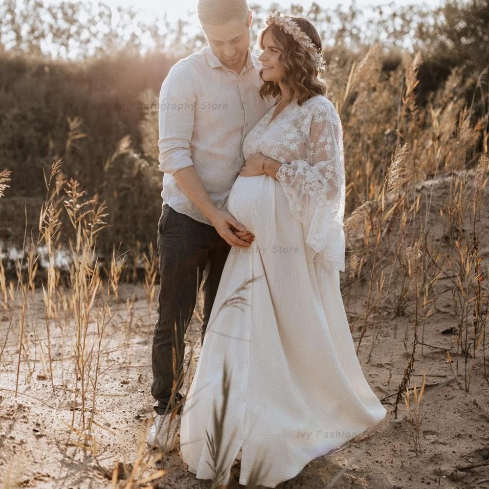 Vestido de maternidad en lino vintage bohemio con encaje - imagen 4