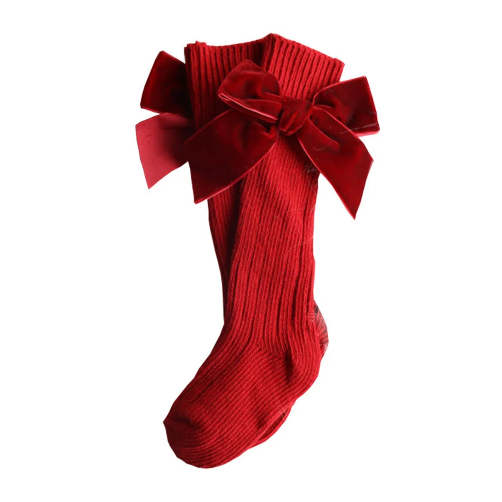 1 par de medias de Color sólido para niños, calcetines cálidos elásticos de algodón con lazo a media pantorrilla, calcetines de invierno y otoño, medias para niños - imagen 5