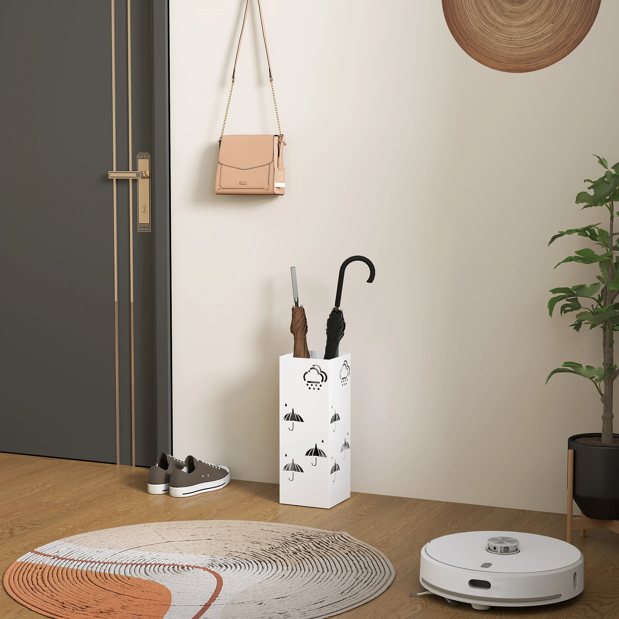 HOMCOM Paragüero de Acero Soporte de Paraguas con 4 Ganchos y Bandeja de Goteo Extraíble Paragüero Blanco para Entrada Oficina 15,5x15,5x41 cm