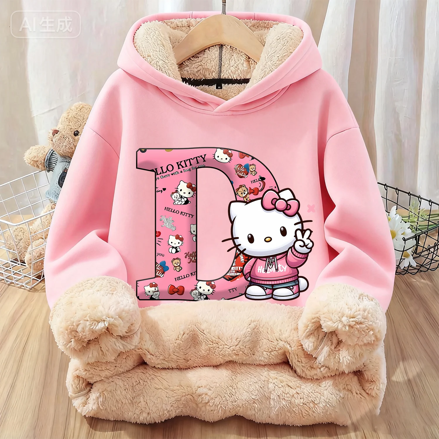 Sudadera gruesa con capucha de Hello Kitty para niños, ropa de dibujos animados, sudadera de lana Kawaii, ropa con capucha cálida rosa para invierno, regalo para niños - imagen 5