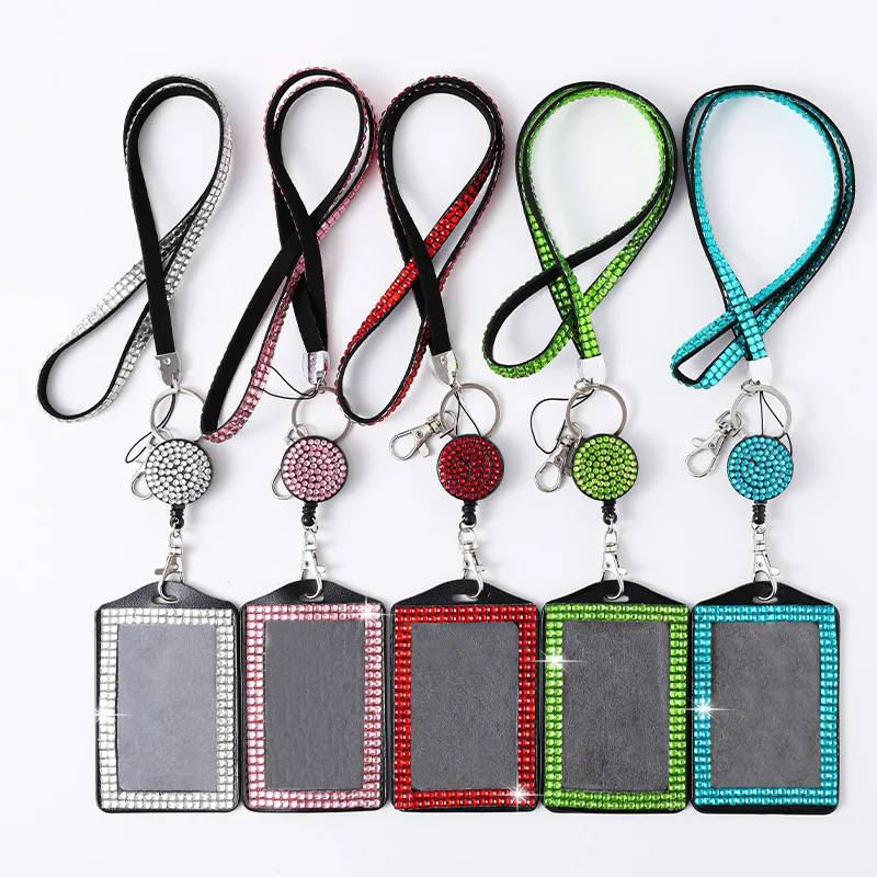 Funda para tarjeta de carrete de insignia, soporte para insignia con diamantes de imitación, cordones retráctiles de cristal, funda para tarjeta de trabajo, funda protectora para insignias de identificación y nombre
