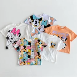 Camisetas de dibujos animados de Disney para niños y niñas, ropa de verano de manga corta, camiseta de nuevo estilo para niños, camisetas bonitas de moda para niñas de 1 a 7 años