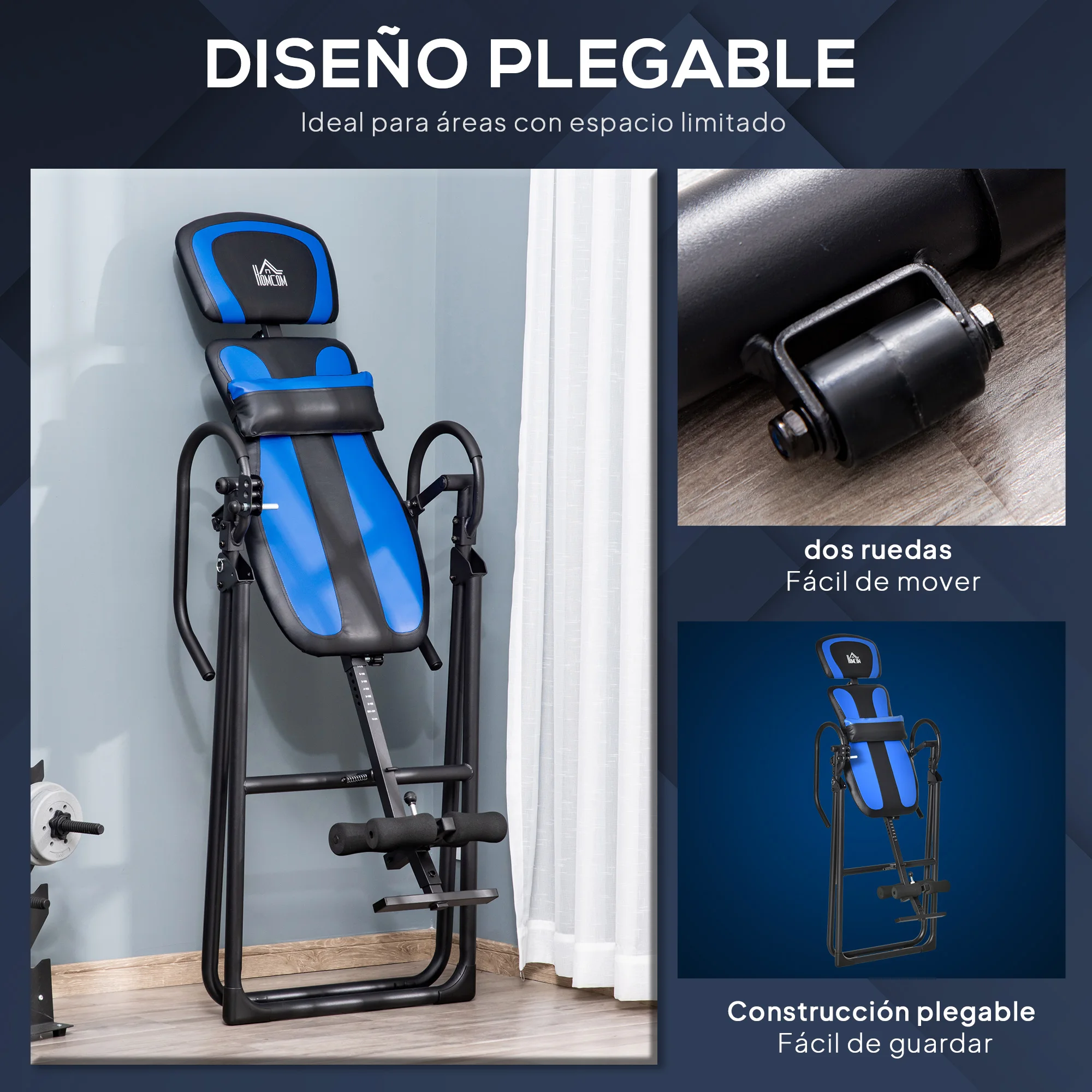 HOMCOM Tabla de Inversión Plegable con Ruedas, Altura Ajustable 140-203 cm, Banco de Inversión con Cinturón de Seguridad y Soporte de Lumbar, para Aliviar Espalda y Mejorar la Circulación - imagen 2