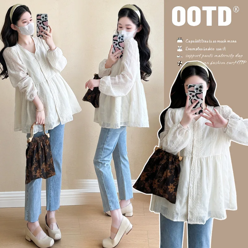 7155 #   2023 otoño moda coreana blusa de maternidad dulce linda camisa estampada con flora túnica ropa para mujeres embarazadas Tops de embarazo