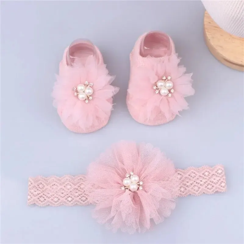 Conjunto de calcetines con lazo de perlas para bebé, calcetín de algodón antideslizante, banda para el pelo para recién nacido, turbante, accesorios para el cabello para niña