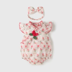 Conjunto verano bebé niña: mono algodón malla con flores + diadema
