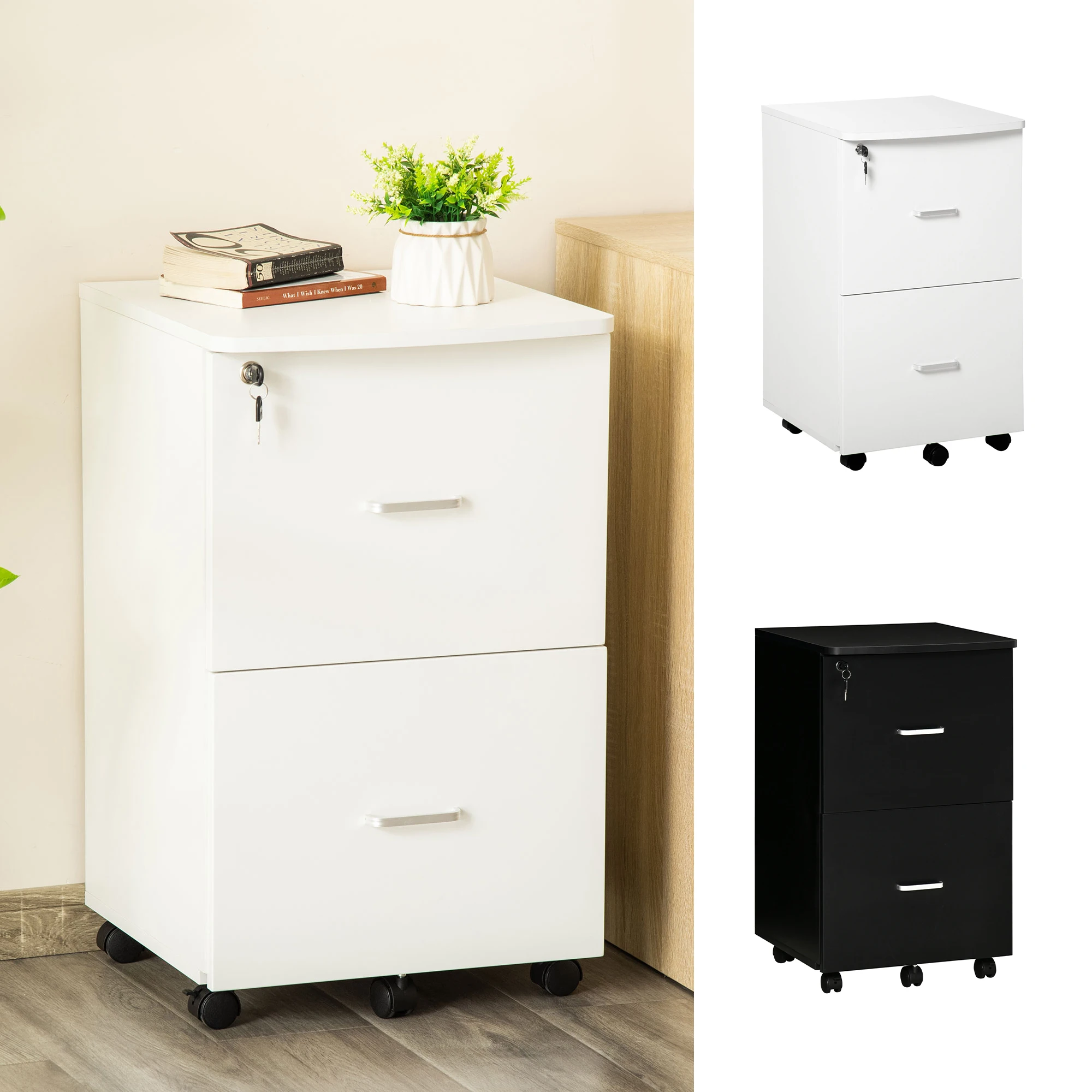 Vinsetto Cajonera de Oficina Mueble Auxiliar para Archivos con 2 Cajones Cerradura de 2 Llaves 5 Ruedas para Tamaño Carta A4 para Estudio Despacho Dormitorio 43x45x72 cm Negro