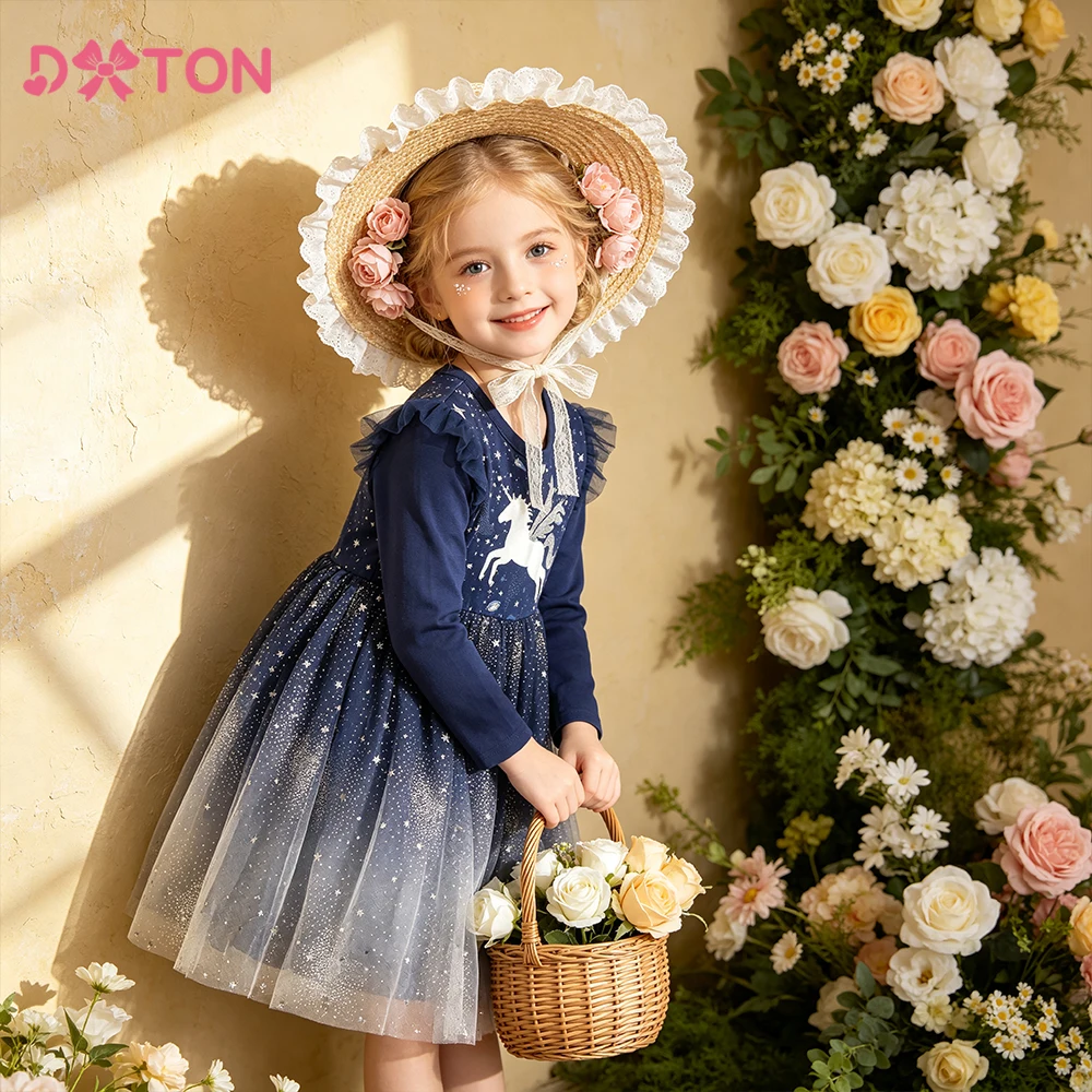 DXTON Vestido de princesa infantil volantes – Galaxia estrellada - imagen 2