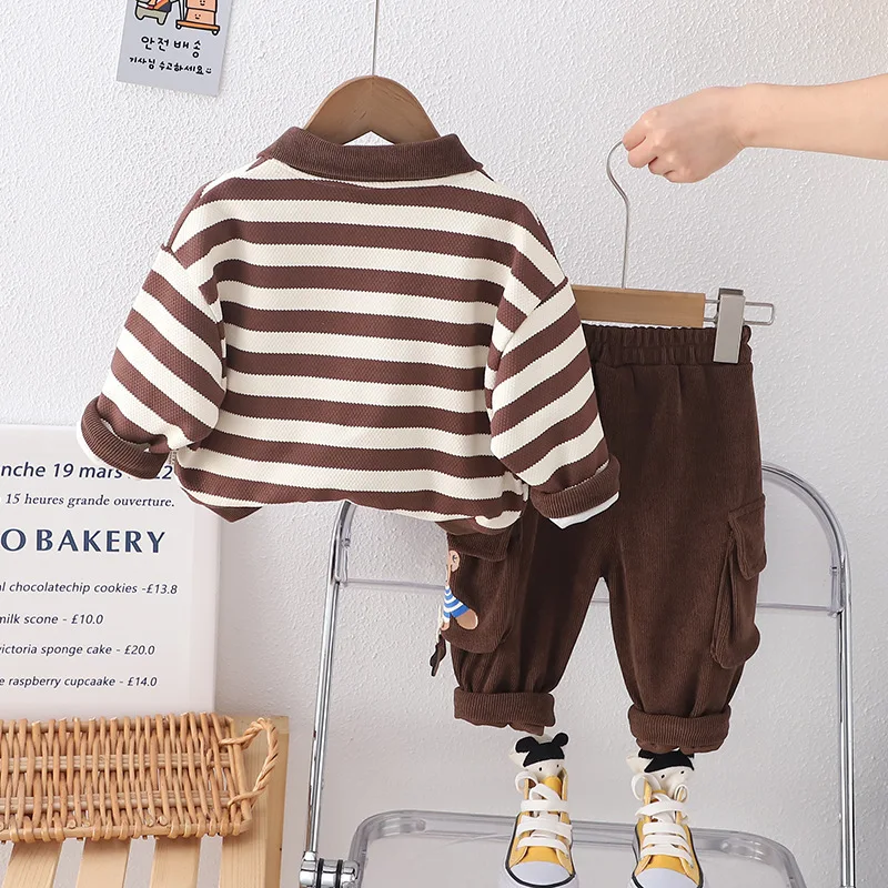 Nueva ropa de bebé de primavera y otoño, traje para niños, camiseta a rayas a la moda, pantalones, 2 unids/set, disfraz informal para niños, chándales para niños - imagen 4