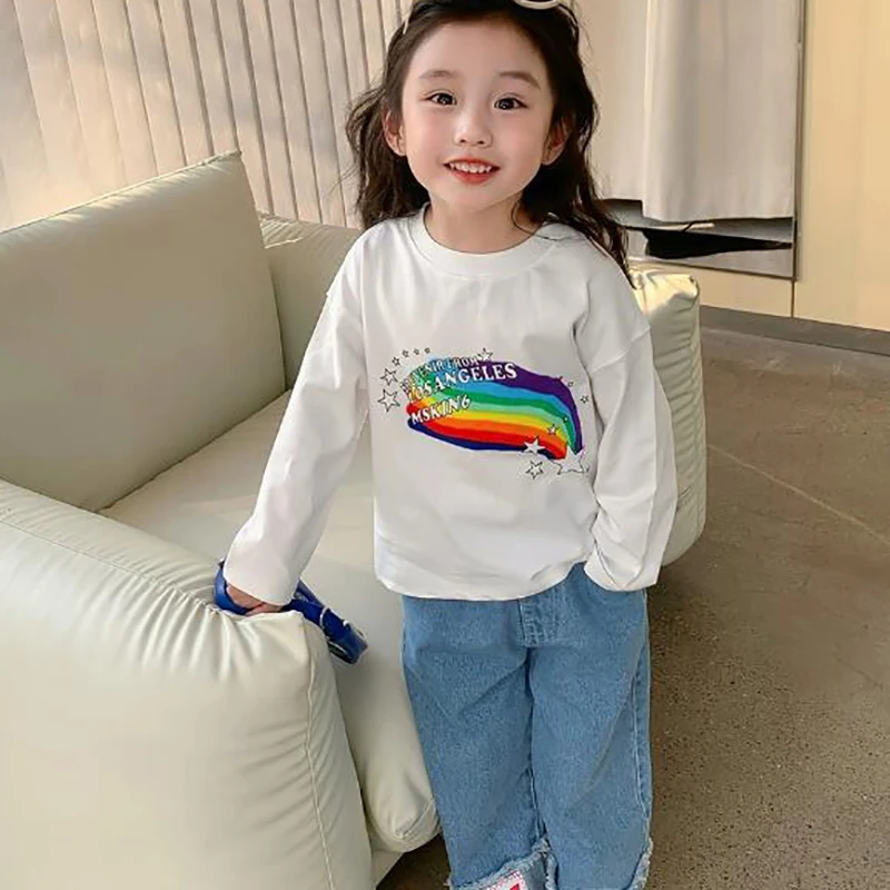 Conjunto de ropa superior e inferior para niña, traje sencillo de moda coreana para niña, conjunto de dos piezas con estampado de arco iris, mangas largas y pantalones, primavera - imagen 3