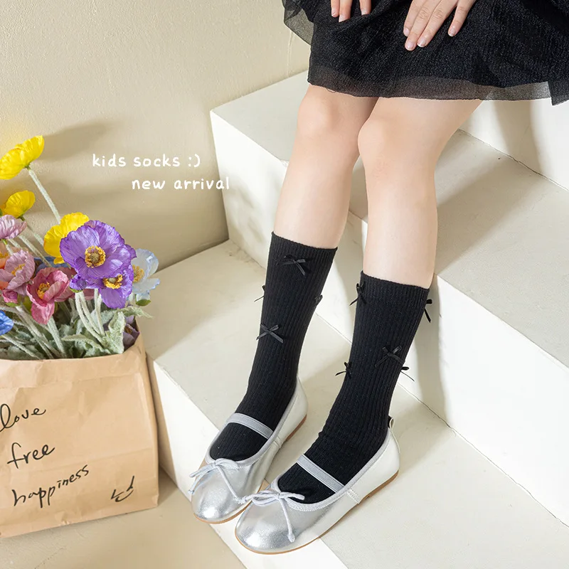 1 par de calcetines holgados con lazo de estilo coreano para niños y niñas, calcetines informales de punto para botas, calcetines holgados de mezcla de algodón suave para niños - imagen 3