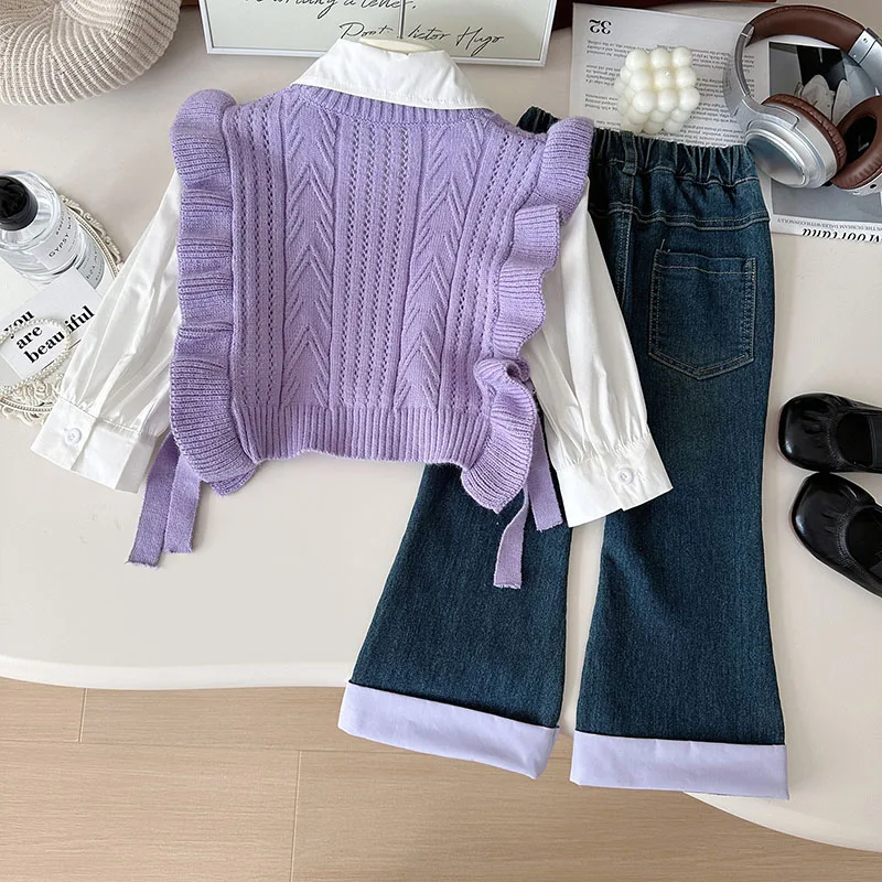 MILANCEL, nuevo conjunto de ropa de otoño para niños, 2-7T, chaleco bonito de Color sólido para niñas, camisa y pantalones vaqueros, versión coreana, traje suelto para niños, 3 uds. - imagen 2