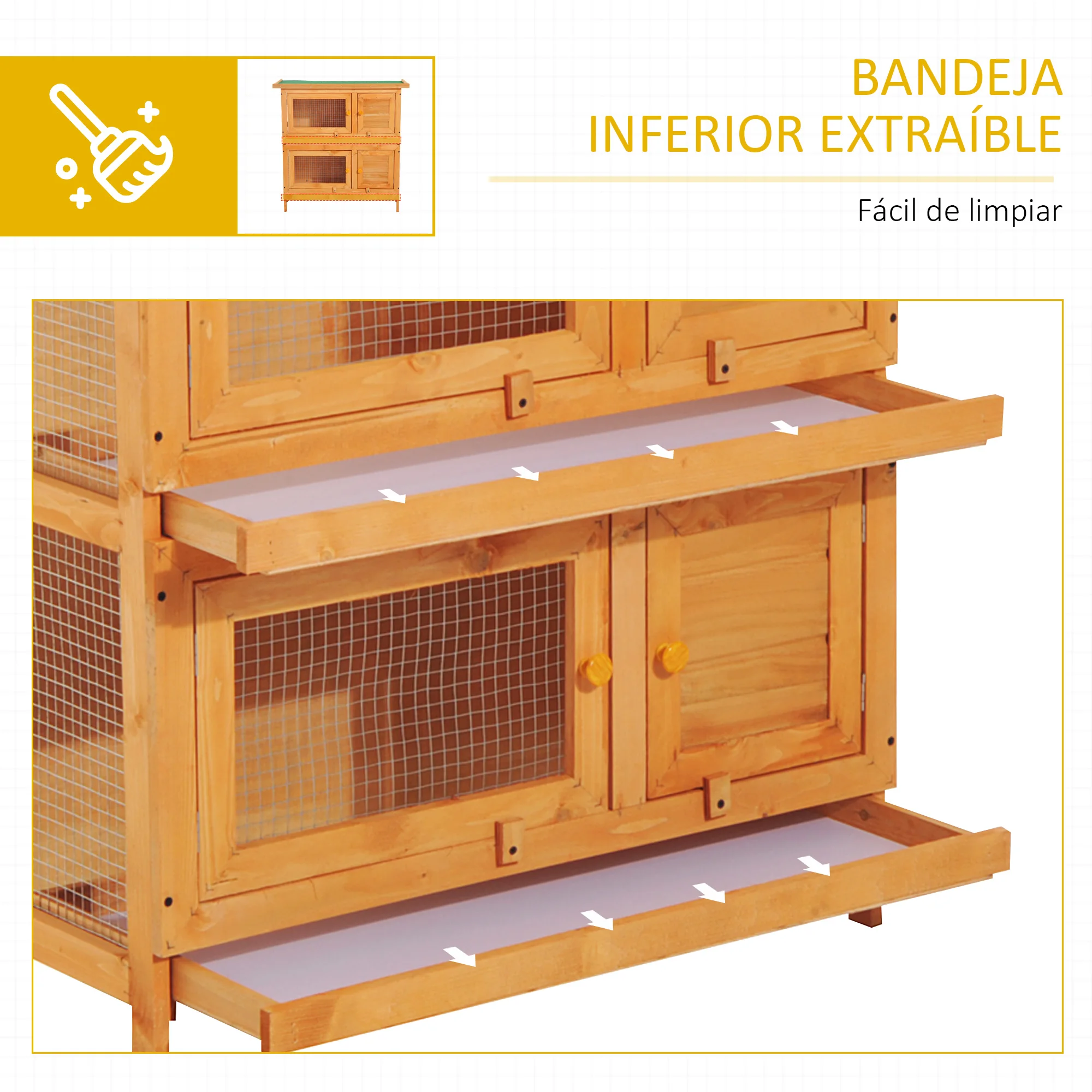 PawHut Conejera de Madera Exterior de 2 Niveles Jaula para 1-2 Conejos Mascotas Pequeñas con Techo Asfáltico Abrible y 2 Bandejas Extraíbles 90x45x90 cm Madera Natural - imagen 5