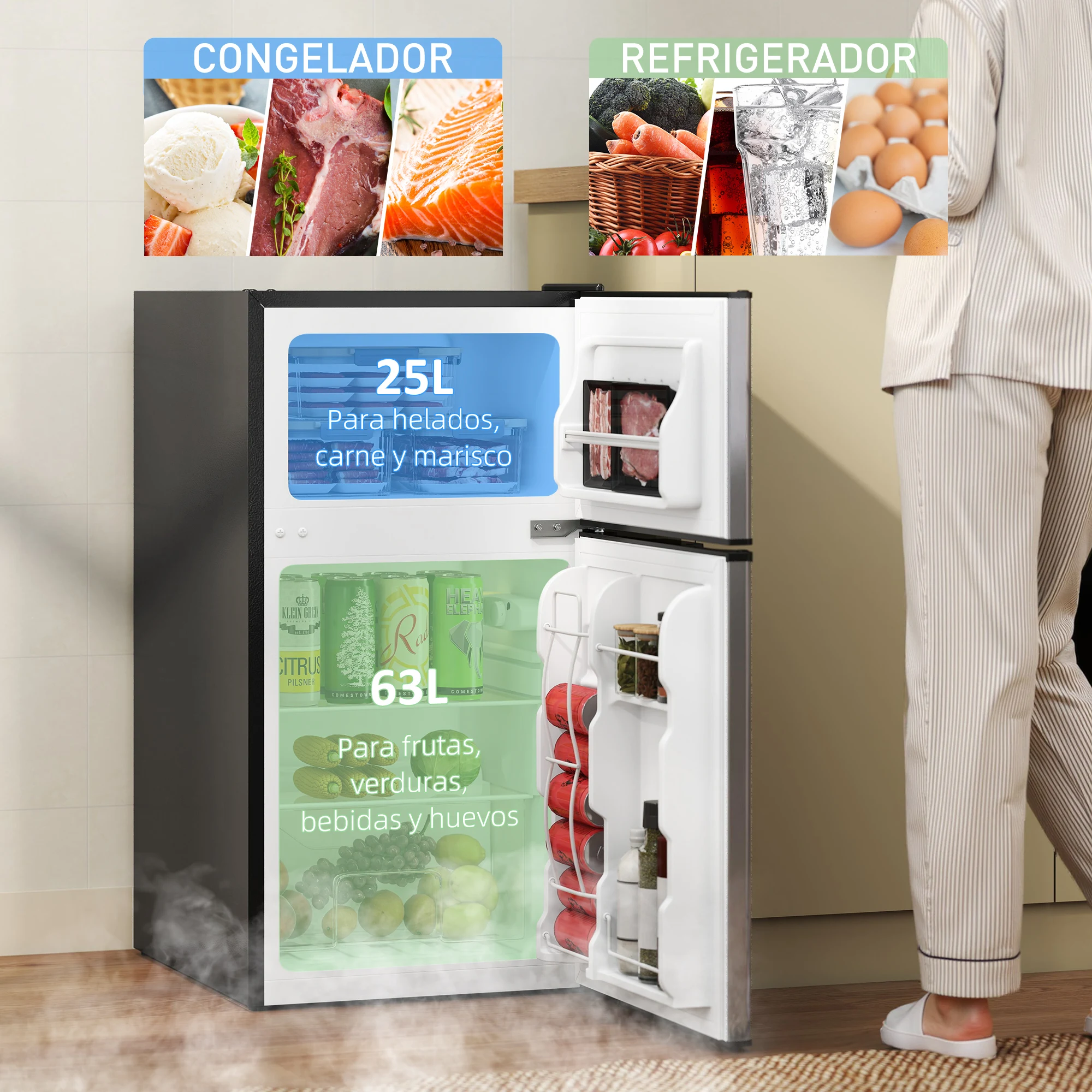 HOMCOM Mini Nevera Silenciosa 88 L Clase E, Frigorífico Pequeño Bajo Encimera con Temperatura Regulable 5 Niveles, Puerta Reversible, Luz Interior, Estantes Extraíbles, Negro - imagen 4