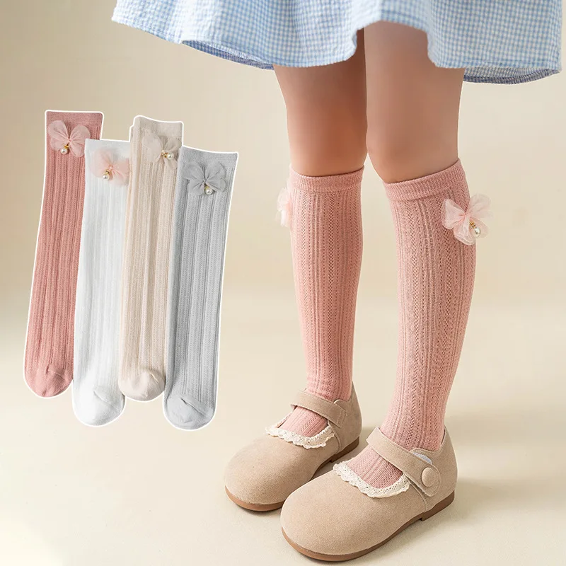 Calcetín para niñas de 3 a 8 años, bonito calcetín de pantorrilla con lazo de dibujos animados para niños, calcetines escolares transpirables de malla fina de verano, accesorios de ropa - imagen 3