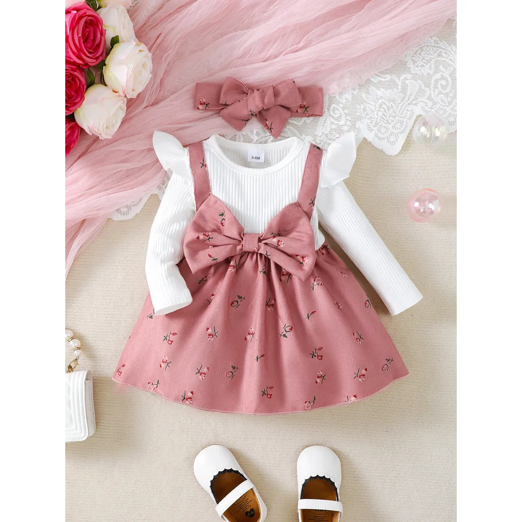 Vestido de princesa para niña pequeña de 0 a 2 años, vestido de manga larga con estampado de flores y lazo grande + diadema, ropa de moda de otoño para niña, 2 uds. - imagen 3
