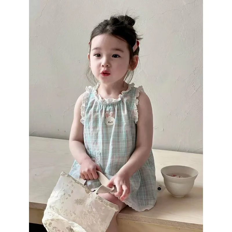 ¡2025 nuevo vestido camisola con ribete de encaje para niñas de verano: lindo estampado de conejo, vestido transpirable elegante y adorable para niñas pequeñas! - imagen 4