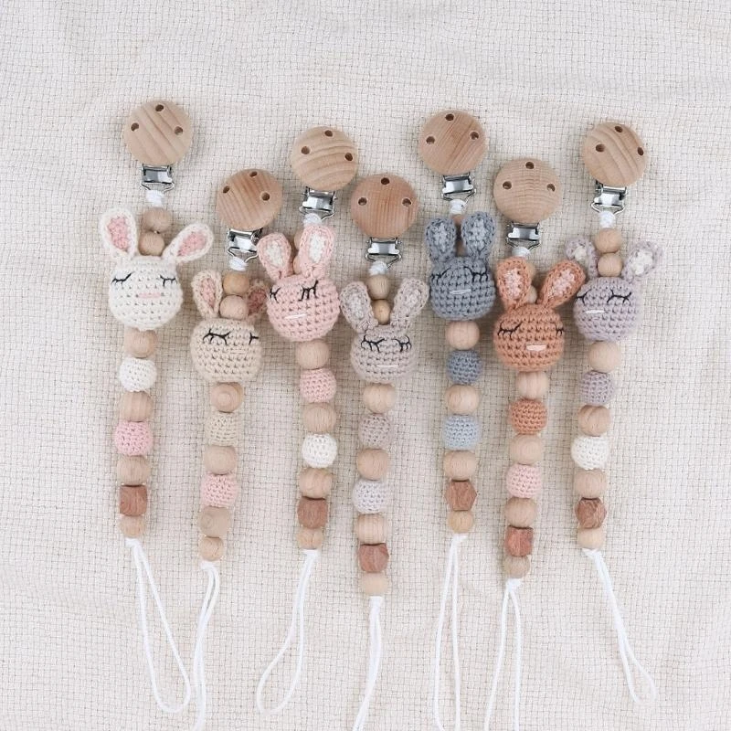 M76C Cadena chupete con cuentas ganchillo, mordedor para niños, juguete madera, Clip para chupete, soporte para para - imagen 3