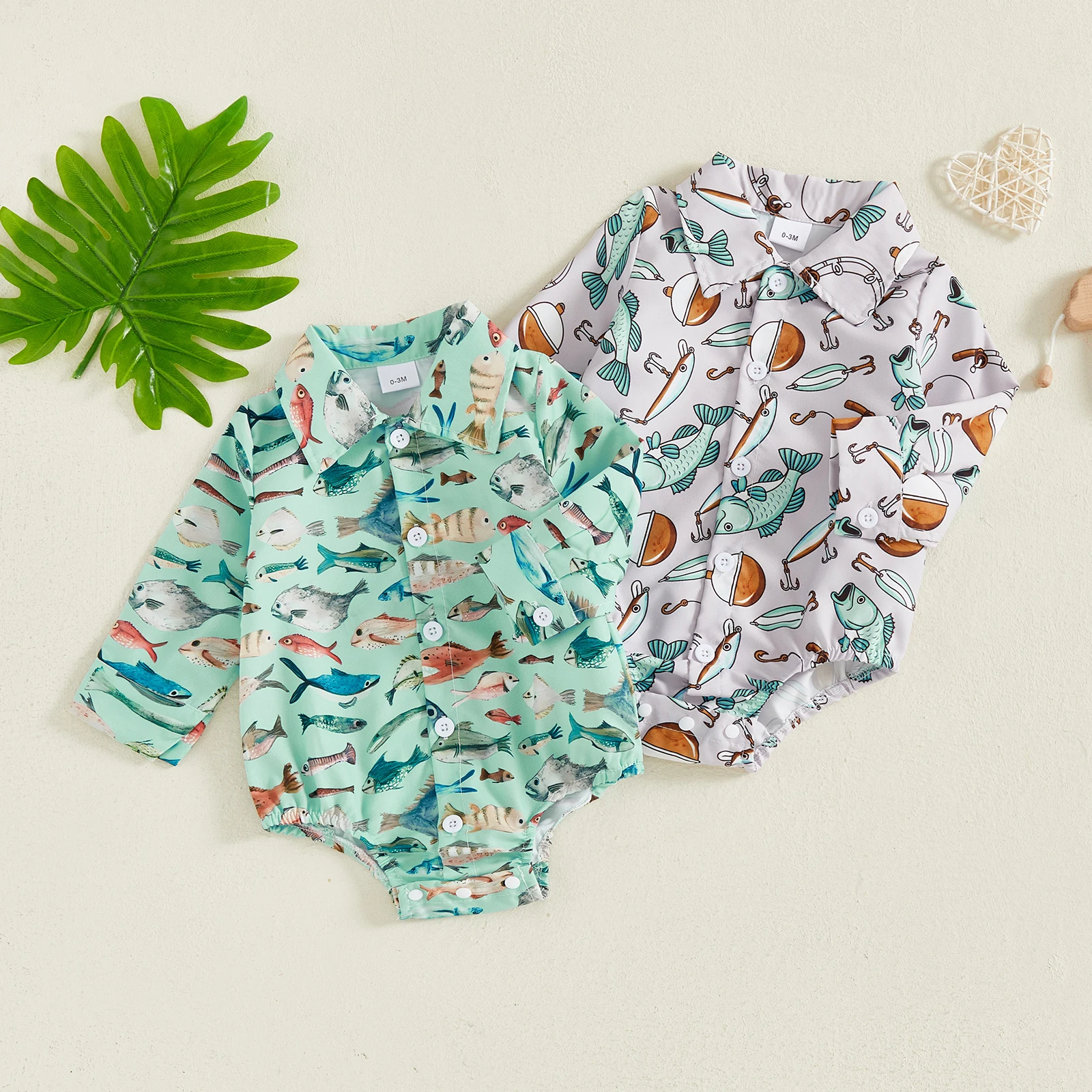 Pelele para bebés de 0 a 18 meses, mono de manga larga con cuello de solapa y estampado de peces, mono de otoño para recién nacidos - imagen 2