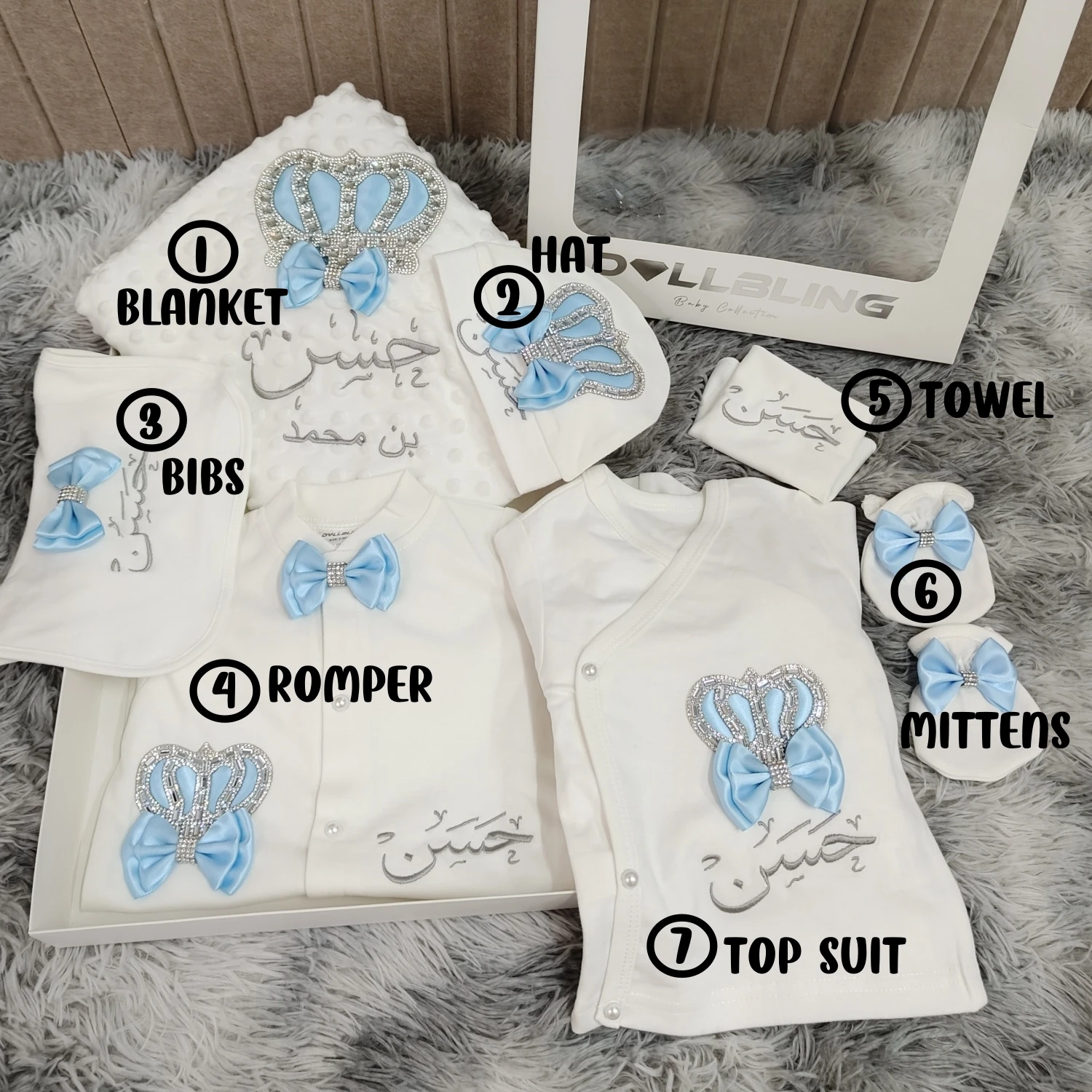 Bebé niño Príncipe salida de Hospital recién nacido Bling trajes biberones conjunto de regalo Baby Shower regalo 5 piezas corona mameluco - imagen 2