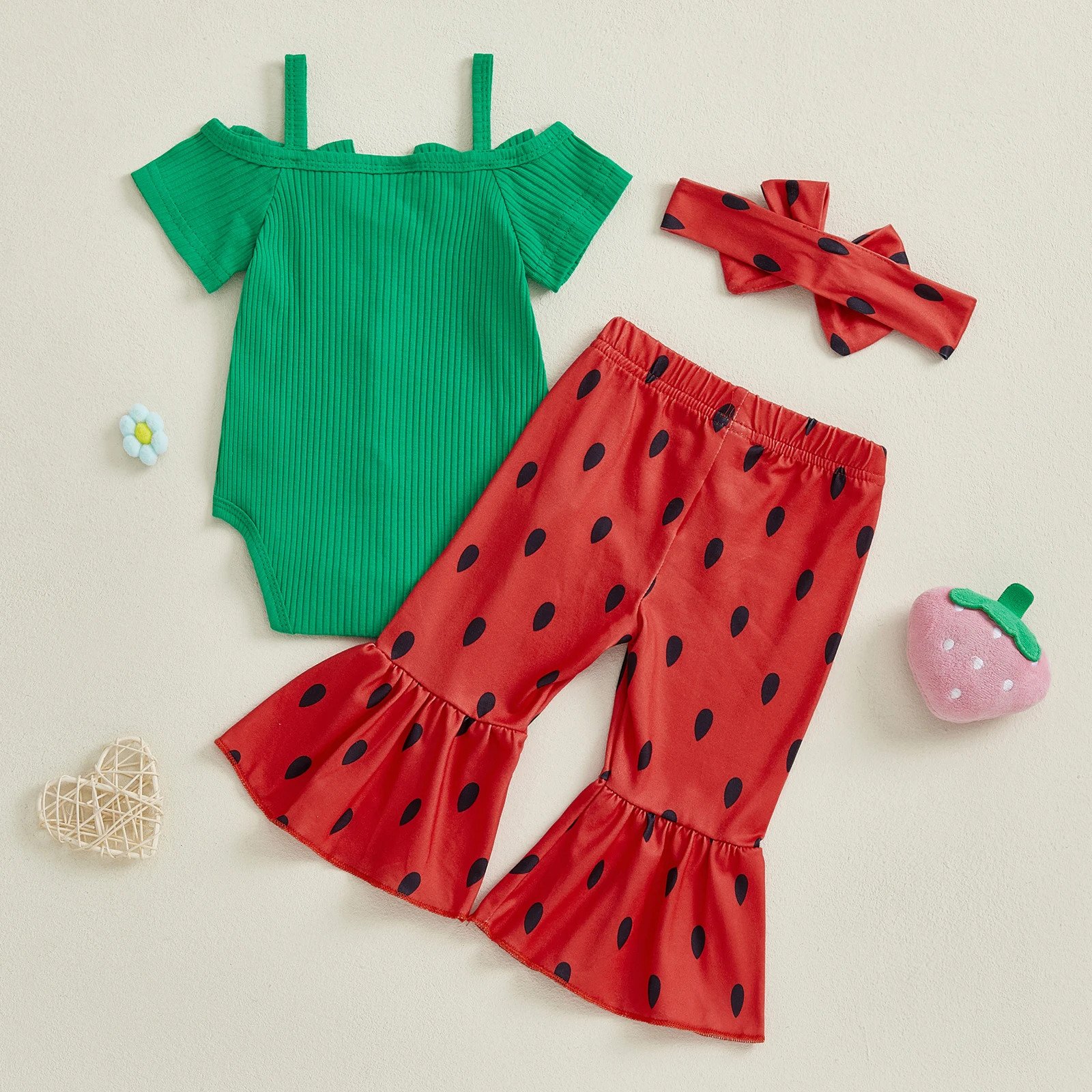 Conjunto verano niña pelele con lazo, pantalones acampanados y diadema - imagen 3