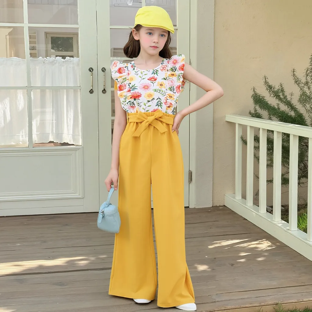 Ropa informal para niñas, conjunto de vacaciones para niños, chaleco Floral amarillo + Pantalones de verano, 2 uds., traje de moda para chicas de 7, 8, 9, 10, 11 y 12 años - imagen 2