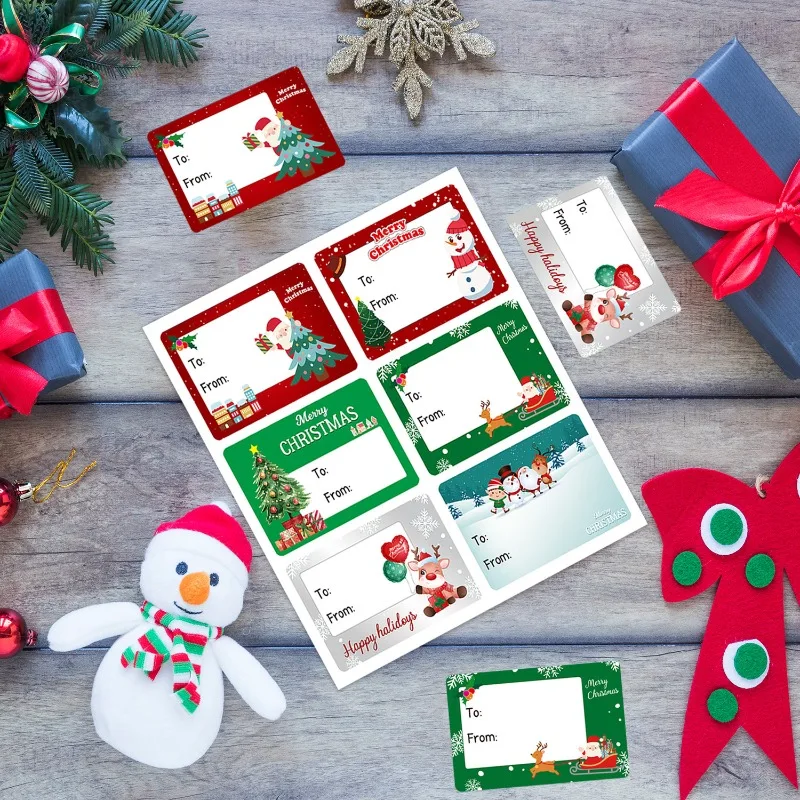 60 uds/10 hojas etiquetas de Navidad 8 pegatinas de regalo de diseño etiqueta de nombre con muñecos de nieve de Papá Noel árbol de Navidad campanas de Reno etiqueta decorativa de vacaciones - imagen 4