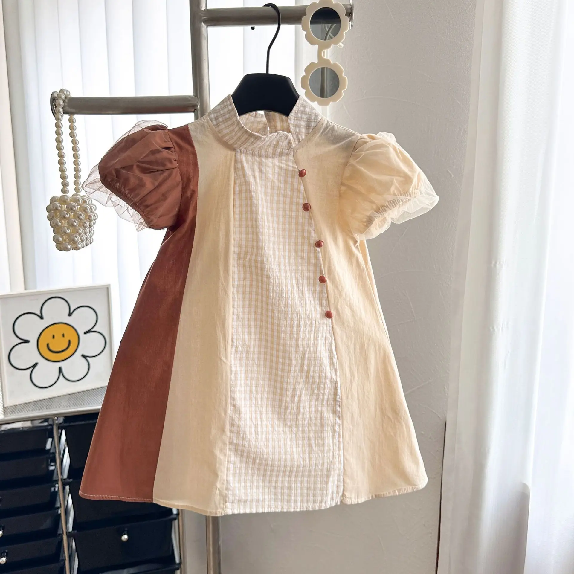 Vestido de retazos de estilo francés para niña, dulce Vestido de manga corta, verano, 2024 - imagen 5