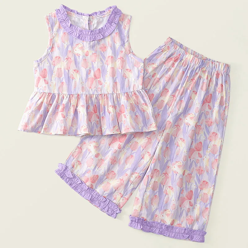 Conjunto de 2 piezas de ropa de verano para niño niña, moda coreana con estampado de flores, Tops sin mangas para bebé + Pantalones sueltos, ropa de Boutique para niño B124