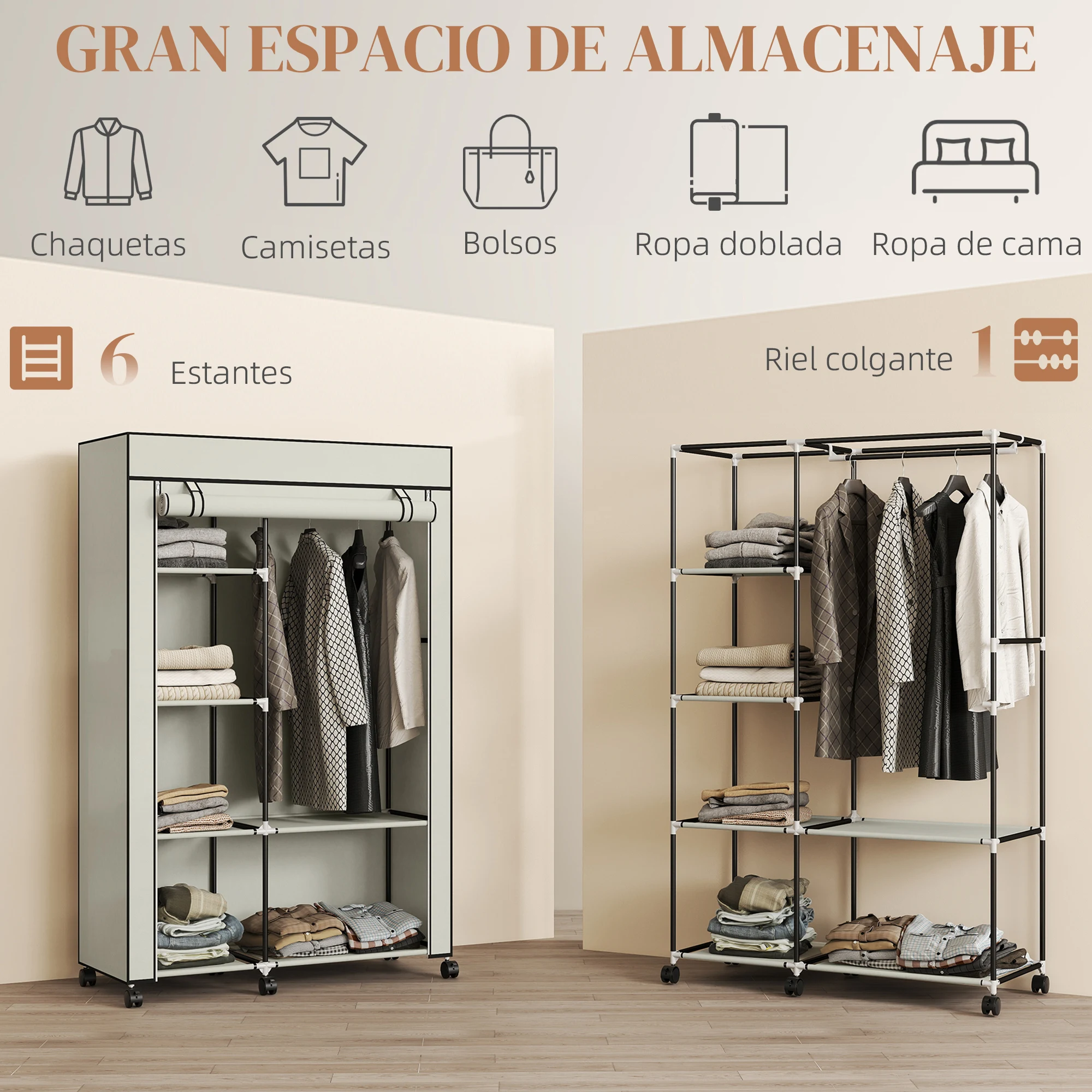 HOMCOM Armario de Tela con Ruedas, Armario Portátil, con Barra para Colgar, 6 Estantes, Marco de Acero, para Dormitorio, Vestidor, 103x43x162,5 cm, Crema - imagen 4