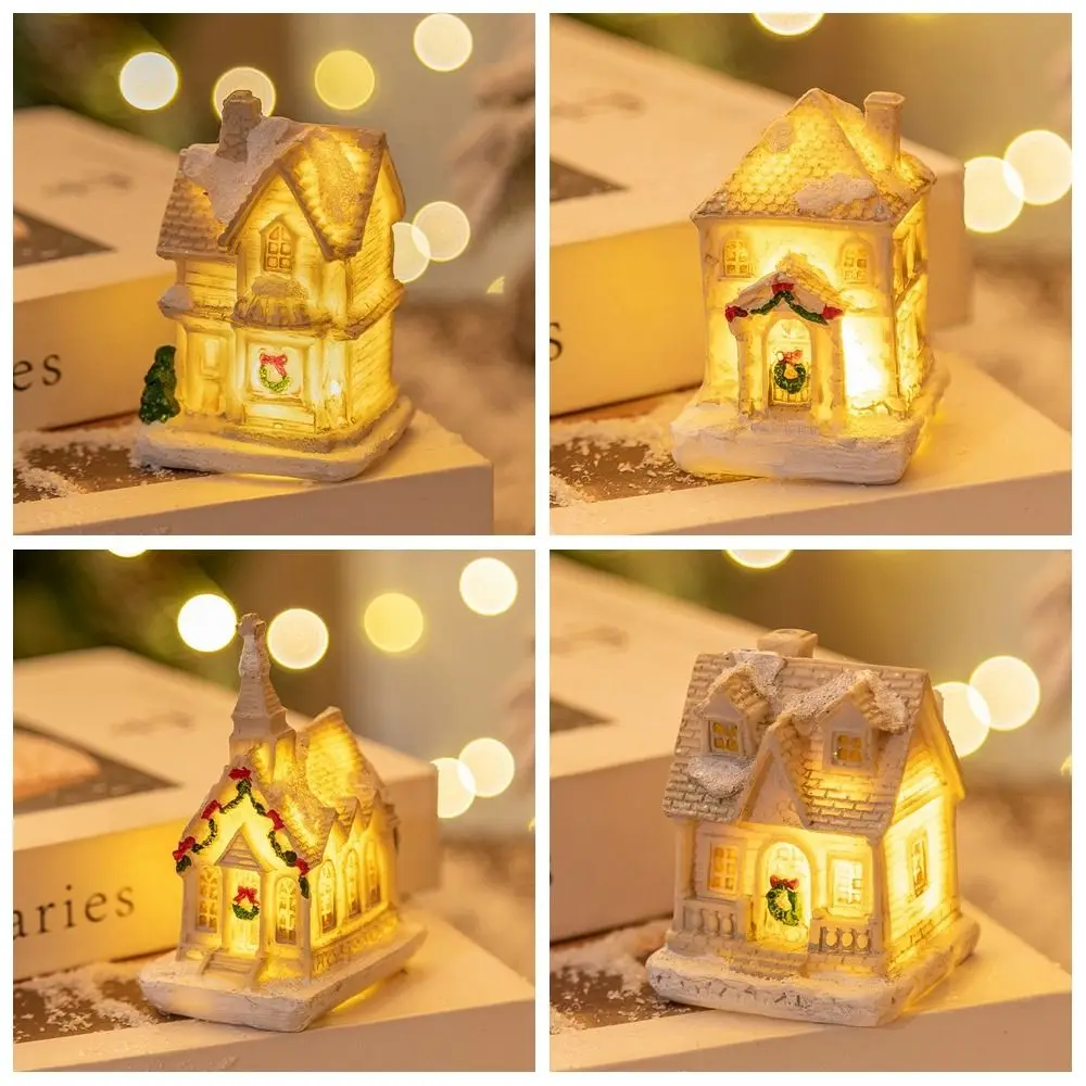 Bonita casa pequeña brillante de Navidad, adorno luminoso blanco para casa de Navidad, decoraciones de mesa de dibujos animados con luz cálida de resina - imagen 4