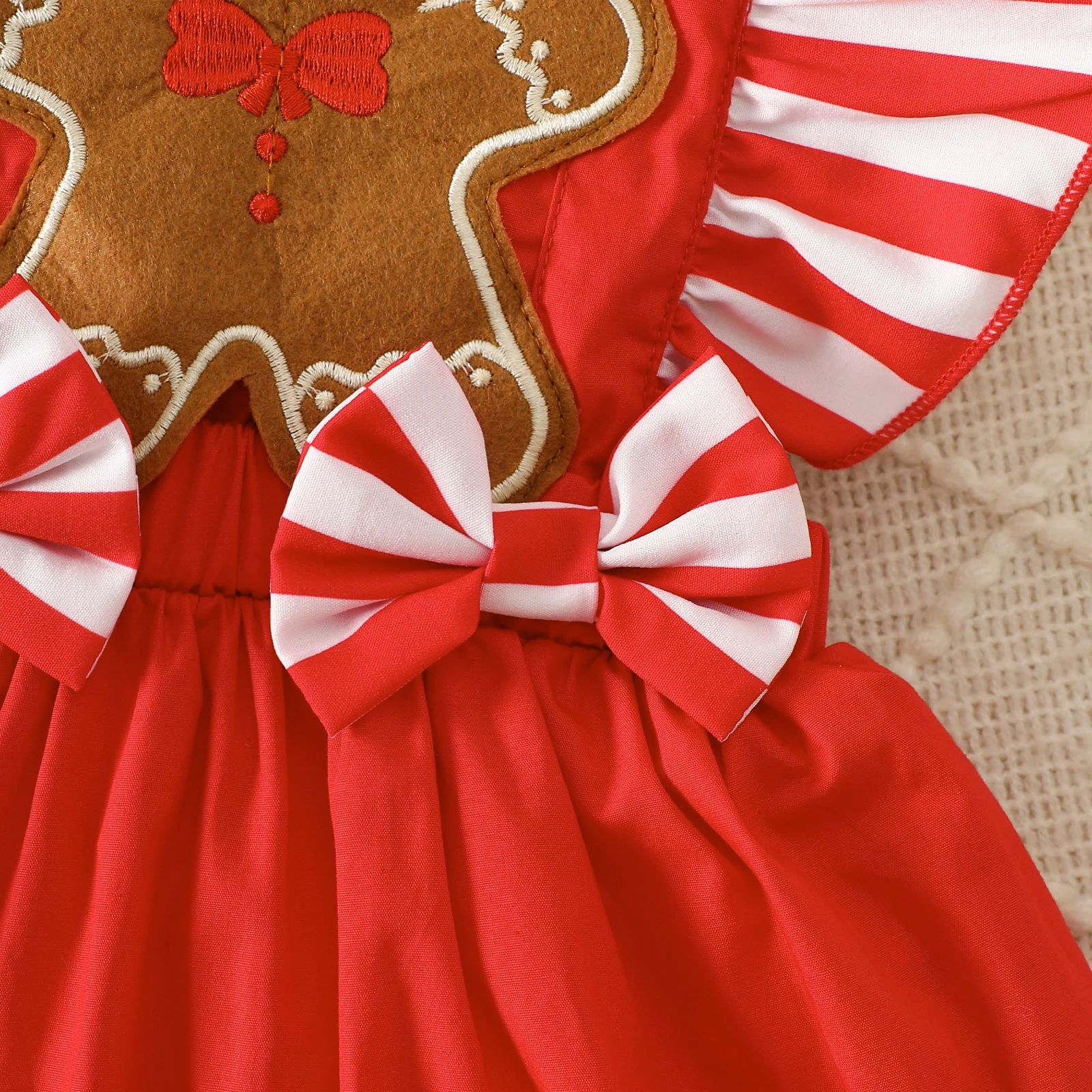 Conjunto de pan de jengibre para niña de 0 a 18 meses, pelele de manga larga con volantes, vestido general con mangas voladoras, diadema con lazo, conjunto de Navidad de 3 uds. - imagen 5