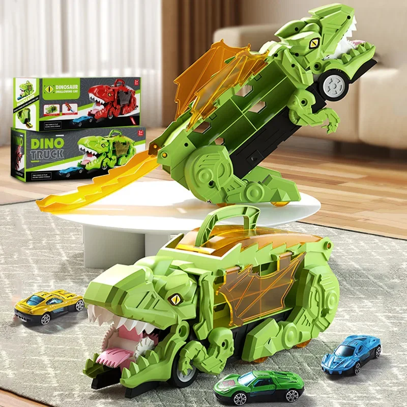 Camión tiranosaurio de juguete, dinosaurio, pista de golondrina, coche de almacenamiento de deformación con coche de carreras de aleación, coche de transporte plegable, juguete para regalo - imagen 2