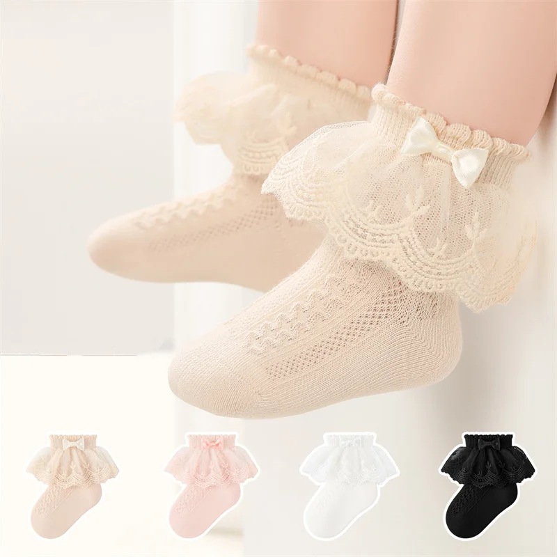 Calcetines infantiles para niñas y adolescentes, calcetines de princesa con lazo de encaje de Lolita dulce, calcetines de algodón para niñas y bebés de 0 a 12 años