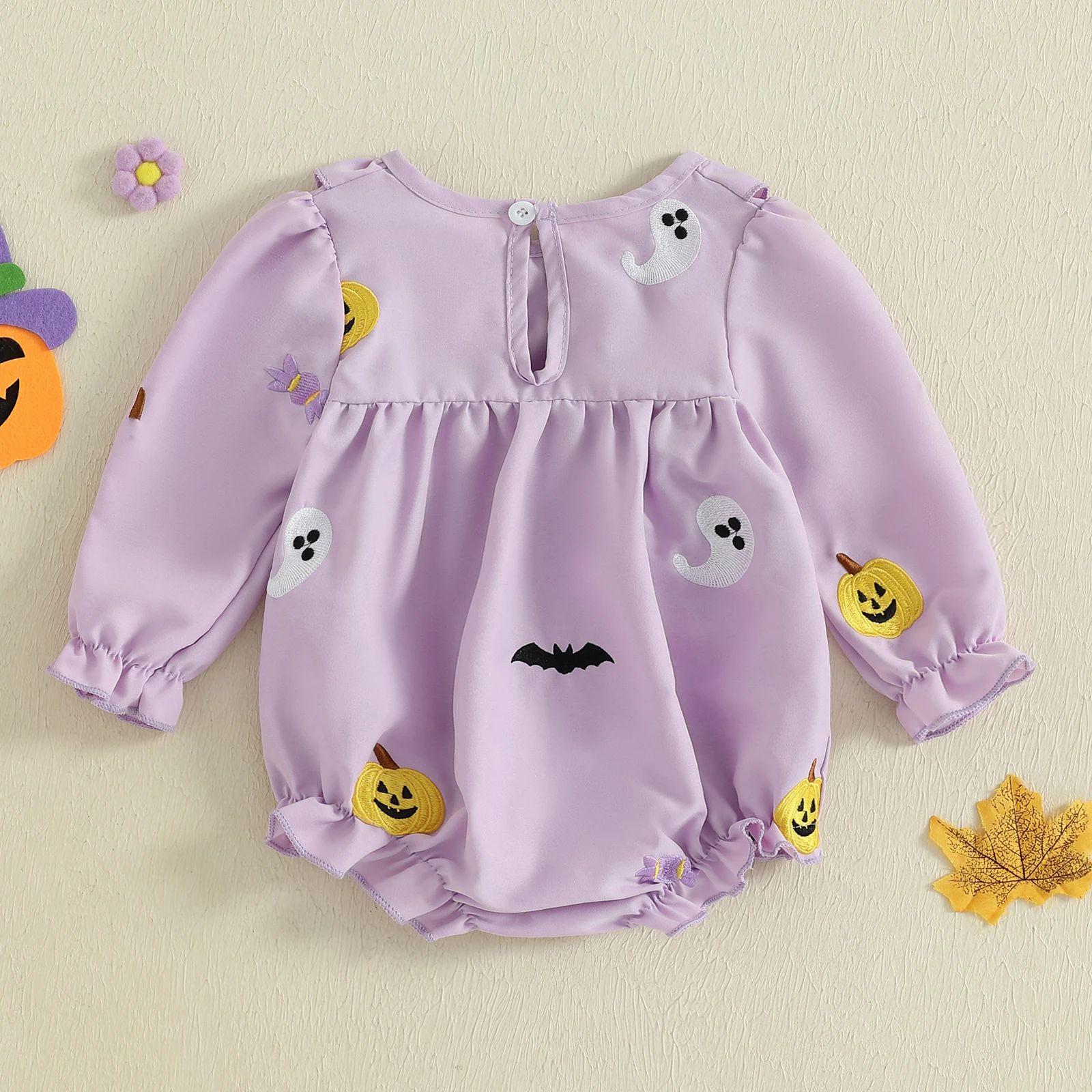 Pelele de Halloween para niña de 0 a 18 meses, mono de burbujas con cuello redondo y volantes de manga larga con bordado de calabaza fantasma - imagen 2