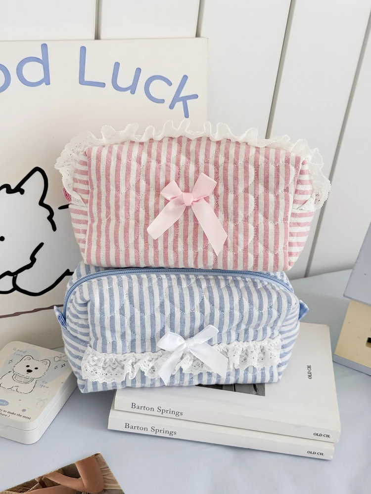 Organizador de papelería de encaje dulce a cuadros, estuche para lápices acolchado de gran capacidad, color rosa y azul, estuche para lápices para la vuelta a la escuela - imagen 2