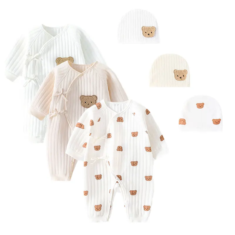 Body con sombrero para recién nacido, ropa de casa de 0 a 6M, gruesa, 100% algodón, para primavera y otoño, 3 piezas - imagen 5