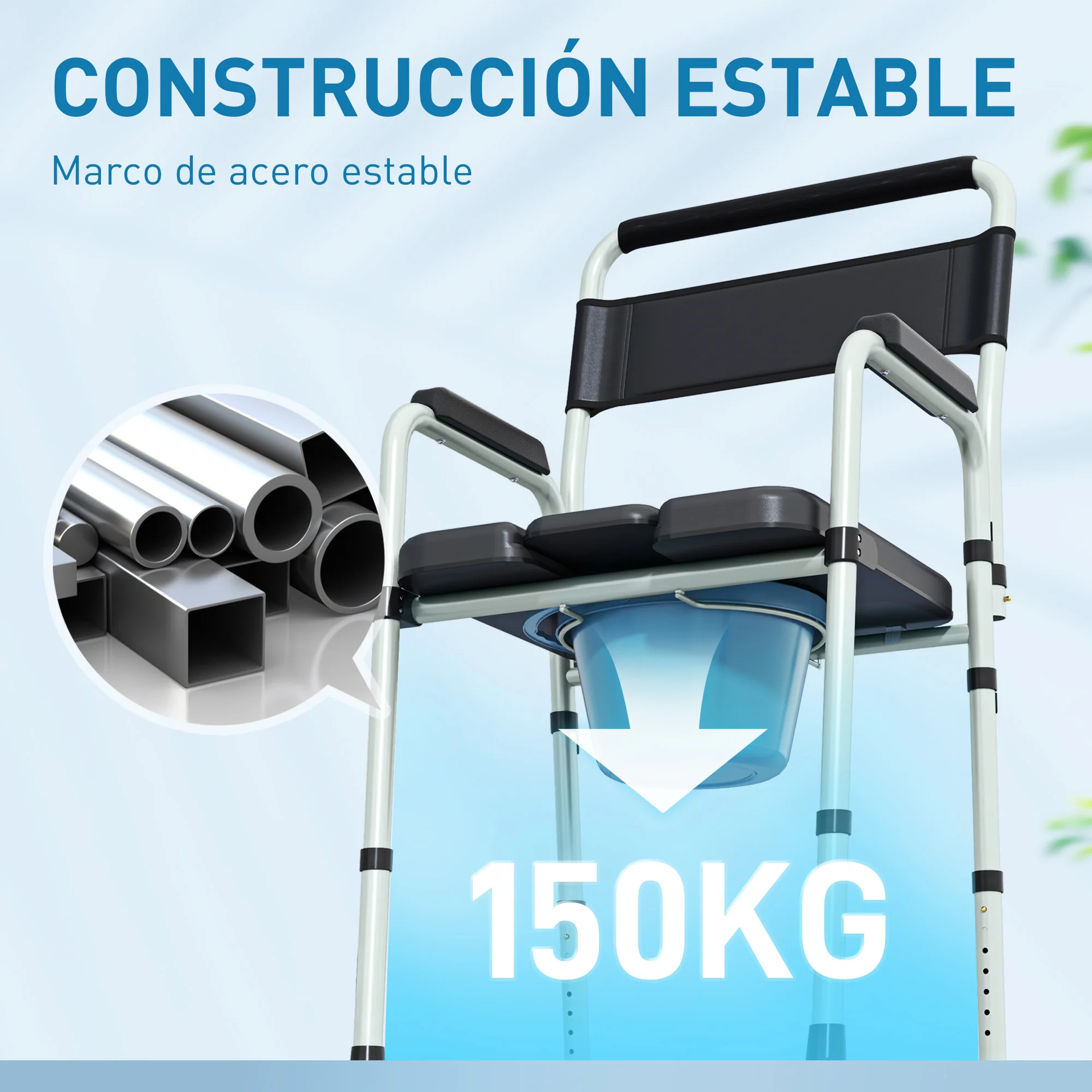 HOMCOM Silla WC Personas Mayores Plegable Silla con Inodoro con Altura Ajustable Cubo y Almohadillas Antideslizantes Carga 150 kg para Discapacitados Embarazadas Negro - imagen 5