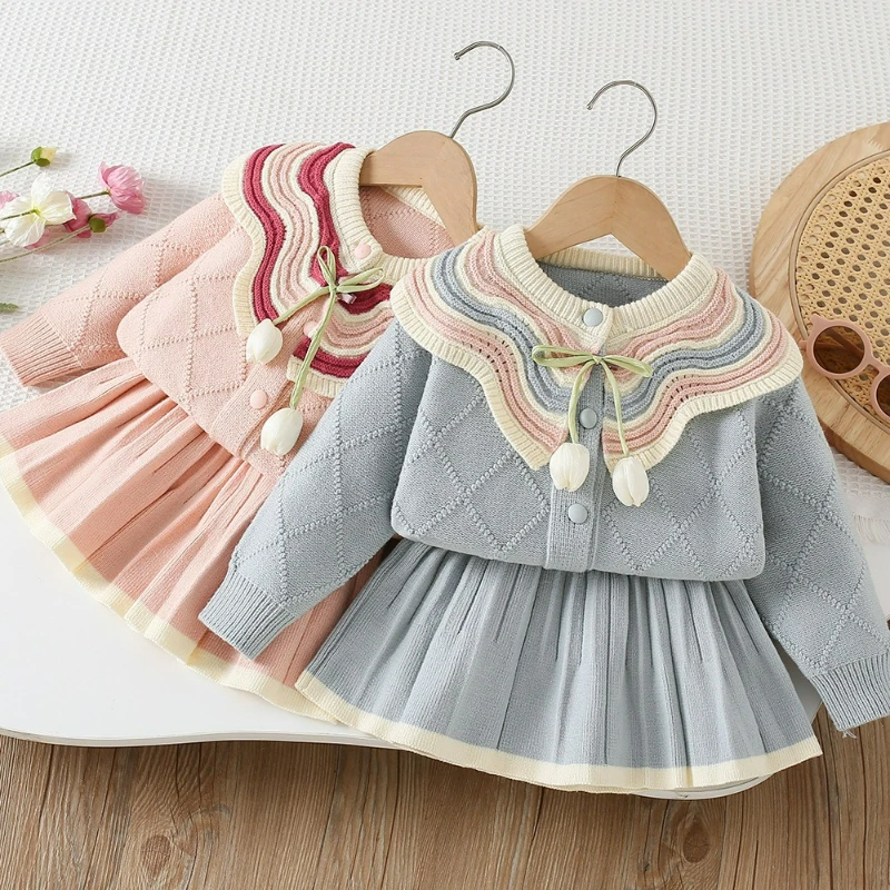 Chaqueta de hilo para niña, cárdigan y falda de punto de tulipán con cuello de bloque de Color a la moda, estilo coreano, conjunto de dos piezas, otoño e invierno