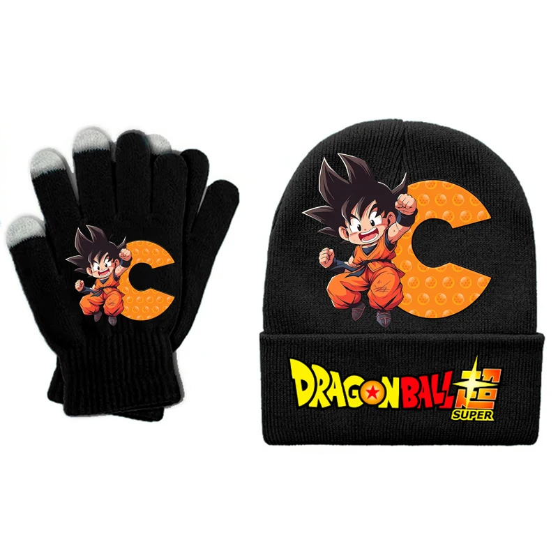 Gorro y guantes de bola de dragones para niño, gorro de punto suave con estampado de letras de Goku de dibujos animados, guante cálido de manos de cinco dedos, regalo para niño de invierno, 2 uds. - imagen 3