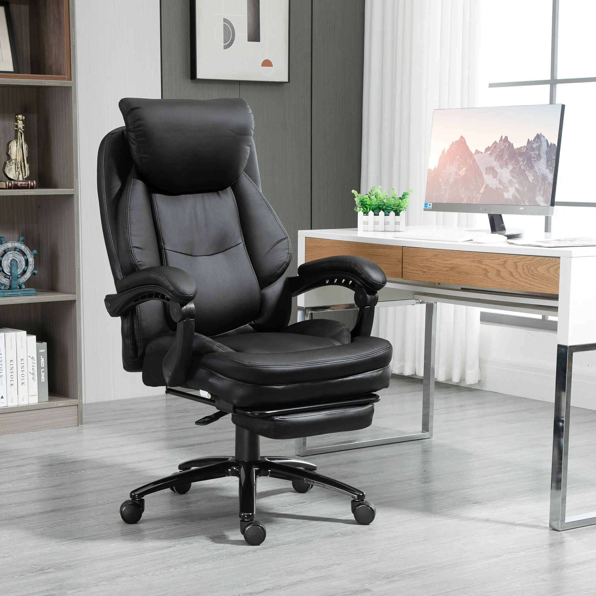 Vinsetto Silla de Oficina Ergonómica Silla de Escritorio Ajustable en Altura con Respaldo Inclinable hasta 130° Función Basculante y Resposapiés Retráctil Acero 73x66x112-118 cm Negro - imagen 2
