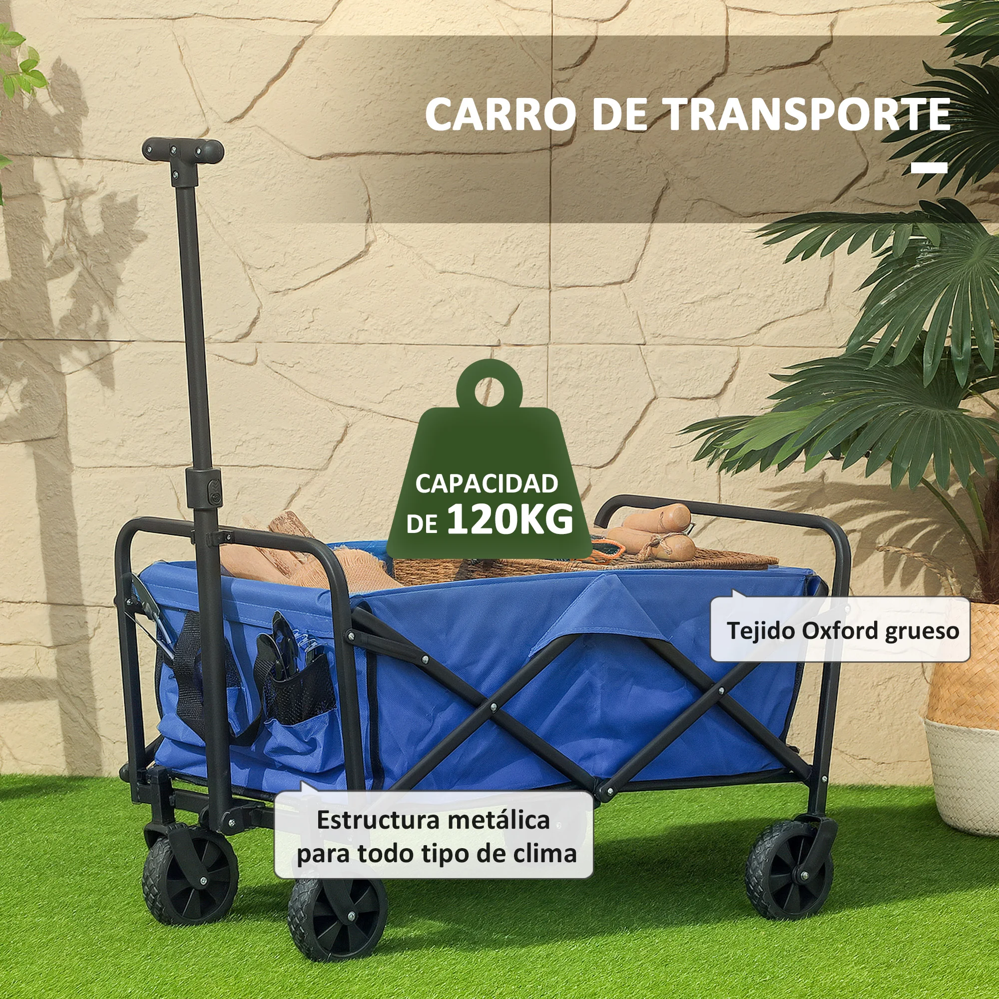 Outsunny Carro Playa con Ruedas Carro de Jardín Plegable con Asa Telescópica Ajustable 2 Bolsas de Almacenaje Carga 120 kg Carrito Transporte para Todo Terreno Jardín Campaña Compra - imagen 4