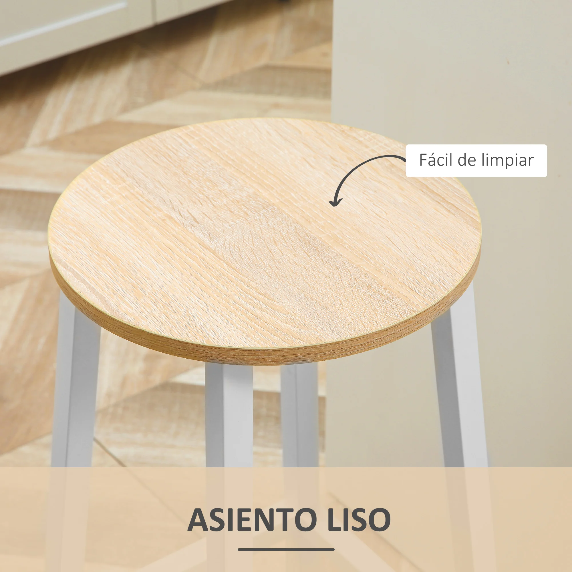 HOMCOM Juego de 2 Taburetes Altos de Cocina Taburetes de Bar con Patas de Acero y Reposapiés para Salón Comedor Bar Carga 75 kg 32,5x32,5x65 cm Natural y Blanco - imagen 4