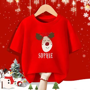 Camisa roja de Navidad personalizada para chico, ropa de manga corta con nombre de ciervo para niño, camiseta para hermanos, traje de Navidad a juego, camisetas para niños - imagen 5