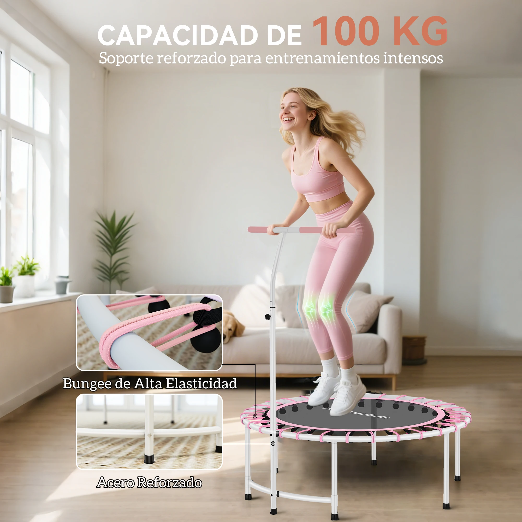 SPORTNOW Trampolín de Fitness Adultos Ø102 cm, Mini Cama Elástica Fitness con Mango Ajustable de 5 Niveles, Marco de Acero, para Entrenamiento Piernas, Cuerpo en Hogar, Oficina, Gimnasio, Rosa - imagen 5