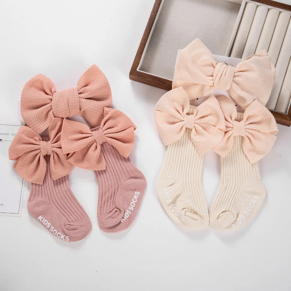 2 unids/set de lazos de bala grandes, diademas y calcetines de nailon elástico, medias largas antideslizantes, calcetines tobilleros de algodón de 0 a 12M, diademas para bebés recién nacidos